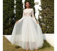 Hautfarbenes Vintage Maxikleid mit offenem Rücken, rundem Ausschnitt und langen Ärmeln aus minimalistischem Mesh, Weiß, elegantes und günstiges Brautk