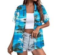 Hawaii Hemd Damen Kurzarm Hawaiihemd Sommer Outfit Damen Funky Hawaiiblus Hawaii-Print Casual Hemdbluse Shirt Tops A Himmelblau XL