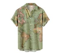 Hawaii Hemd Herren Kurzarm T Shirts Herren Weltkarte Drucken Hawaiihemd Button-Down Herrenhemd Freizeithemd Turndown Tshirts Sommer Hemden Leicht Kurzarmhemd Casual Urlaub Sommer Strand Party