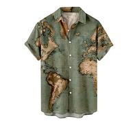Hawaii Hemd Herren Kurzarm T Shirts Herren Weltkarte Drucken Hawaiihemd Button-Down Herrenhemd Freizeithemd Turndown Tshirts Sommer Hemden Leicht Kurzarmhemd Casual Urlaub Sommer Strand Party