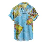 Hawaii Hemd Herren Kurzarm T Shirts Herren Weltkarte Drucken Hawaiihemd Button-Down Herrenhemd Freizeithemd Turndown Tshirts Sommer Hemden Leicht Kurzarmhemd Casual Urlaub Sommer Strand Party