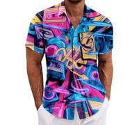 Hawaii Hemd Männer 80er 90er Jahre Outfit Kurzarm Vintage Party Hawaiihemd Männer Karneval Fasching Outfit Neon Print Hemden Sommer Hemd Button Down Strand Urlaub Freizeit Hemd Faschingskostüm