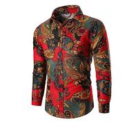 Hawaii Hemd Männer,Herren Hemd Mit Paisley Blumendruck Langarm Hemden Lässige Button Down Hemden Stilvolle Ausgefallene Hemden Business Hemden Party Hawaii Hemden Hemden Urlaubs Strand Hemden Rot 3X