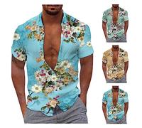 Hawaii Hemd Männer Revers Blumedruck Knopfleiste Sommerhemd Herren Kurzarm Lose Strandhemd Basic Freizeithemd Henley Shirt Freizeitshirt Urlaubshemden Sommer Shirts