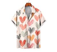 Hawaii-Hemden Für Herren Mit Flippigem Camp-Kragen - Kurzärmelige Bluse Mit Cartoon-Herz-Aufdruck, Aloha-Hemd, Sommerurlaub, Strandparty, Lässige Lockere Strickjacke, Knopf-Oberteil, Geschenk, S