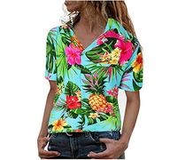 Hawaiihemd Damen Kurzarm - Trendiges Bluse Damen mit Ananas Kokosblatt Drucken Brusttasche Sommer Oberteile Strand Urlaub Knopfleiste T Shirt Hawaii Kurzarmshirt Tops T-Shirts & Blusen für Frauen
