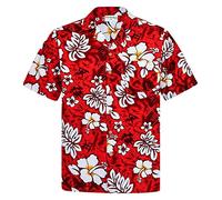 Hawaiihemdshop Hawaiihemd | Herren | Baumwolle | Größe S - 8XL | Brusttasche | rot | Kurzarm | Retro | Klassisch | Blumen | Blüten | Hibiskus | Hawaii-Shirt | Kokosnuss-Knöpfe