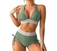 HAWILAND Bikini Damen Set Push Up Bademode Farbblock High Waist Badeanzug mit Kordelzug Elegant Beachwear Zweiteiliger Swimsuit Armeegrün S