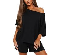 HAWILAND Schlafanzug Damen Kurz Oversized Shorty Pyjama Zweiteiler Sommer mit Off Shoulder Oberteil Schwarz XL