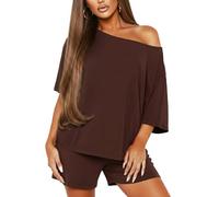 HAWILAND Schlafanzug Damen Kurz Oversized Shorty Pyjama Zweiteiler Sommer mit Off Shoulder Oberteil Braun S