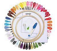 HC Stickerei Starter Set Kreuzstich Tool Kit mit 50 Fadenfarben,4 weiße Stoffbahnen,2 hölzerne,Stickkreis,Sticknadeln und Scheren Stickset Anfänger Home Decor