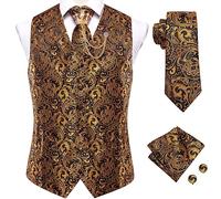 Hcclijo Blau Rot EN8 Gold Jacquard Seide Herren Weste Set Weste Krawatte Einstecktuch Manschettenknöpfe Brosche Krawattenklammer MJ3011-XZ0313 M