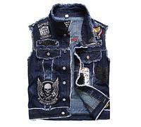 Hcclijo Herren Punk Denim Westen Totenkopf Stickerei Denim Weste Slim Fit Jeans Ärmellose Jacke Weste Tops Blue L