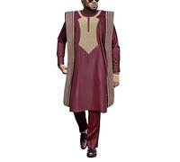 HD Afrikanische Herrenbekleidung, traditionelle Hochzeitskleidung, Stickerei, Agbada Boubou Kaftan, nigerianisches Kleidungsset, Rot-2, XXX-Large