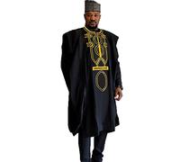 HD Afrikanische Kleidung für Männer, klassischer Strass, Agbada-Anzug, Broder, Boubou, Kaftan-Outfit, Schwarz-13, Large