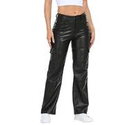 HDE Damen-Cargohose aus Kunstleder mit Taschen, hohe Taille, Y2K, entspannte Hose, Schwarz, 33