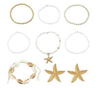 HDGSAFD 7 Stück Armbänder Und 1 Paar Seestern-Ohrringe, Meereselement-Schmuck, Boho-Schmuck, Modischer Klassischer Schmuck