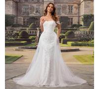 HEARBOBO elegantes weißes Spitze Applikation Langarm Königlich Formelles Abendkleid, Meerjungfrau Prinzessin Hochzeitskleid mit Schleppe, Brautkleid f