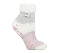 HEAT HOLDERS - Ladies Extra Soft Fluffy Non Slip Thermal Low Cut Ankle Slipper Lounge Bed Socks with Grips(size 4-8), (Ivory/Rose)
