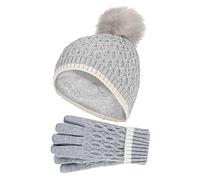 HEAT HOLDERS - Mädchen Kinder StrickMütze Bommel Pompom und Strickhandschuhe Set (7-10 Jahre, Cloud Grey)