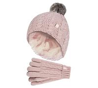 HEAT HOLDERS - Mädchen WinterMütze Bommel Pompom und Handschuhe Set (7-10 Jahre, altrosa)