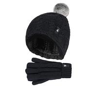 HEAT HOLDERS - Mädchen WinterMütze Bommel Pompom und Handschuhe Set (7-10 Jahre, Schwarz)