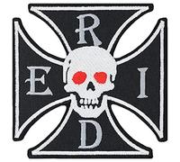 Heavy Metal Aufnäher: Totenkopf Kreuz - Death Head Patch Biker bestickt - Rocker Geschenk für Männer Aufbügler DIY Applikation für Shirt/Jacke/Weste/Kutte - schwarz - 90x90mm