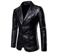 Hebezn Lässiger Herren-Lederblazer, Mittellanger Vintage-Jackenmantel, Lederanzüge, Jackenoberteile (Color : Black, Size : XL)