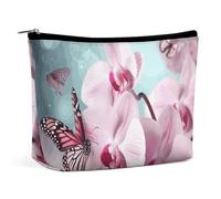 HEBVNJF Reise-Make-up-Tasche, tragbare Kosmetiktasche, rosa und weiße Blumen, Make-up-Aufbewahrungstasche für Damen/Mädchen, Orchidee, Blume, Schmetterling, Einheitsgröße