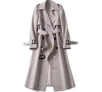 Hecatombic Damen Herbst und Winter Weicher Winddichter Zweireiher Trenchcoat Klassischer Langer Einfarbiger Revers mit Taschen Trenchcoat (Beige,L)