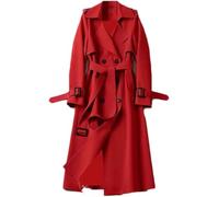 Hecatombic Damen Herbst und Winter Weicher Winddichter Zweireiher Trenchcoat Klassischer Langer Einfarbiger Revers mit Taschen Trenchcoat (Rot,XL)