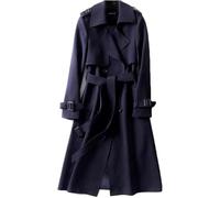 Hecatombic Damen Herbst und Winter Weicher Winddichter Zweireiher Trenchcoat Klassischer Langer Einfarbiger Revers mit Taschen Trenchcoat (Marineblau,M)