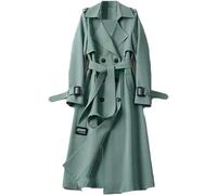 Hecatombic Damen Herbst und Winter Weicher Winddichter Zweireiher Trenchcoat Klassischer Langer Einfarbiger Revers mit Taschen Trenchcoat (Grün,M)