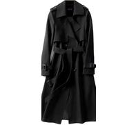 Hecatombic Damen Herbst und Winter Weicher Winddichter Zweireiher Trenchcoat Klassischer Langer Einfarbiger Revers mit Taschen Trenchcoat (Schwarz,S)