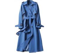 Hecatombic Damen Herbst und Winter Weicher Winddichter Zweireiher Trenchcoat Klassischer Langer Einfarbiger Revers mit Taschen Trenchcoat (Blau,L)