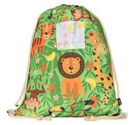 HECKBO Kinder Turnbeutel inkl. Sichtfenster - Dschungel - Sportkleidung Trinkflasche- Kindergarten, Schule, Stoffbeutel Kita - Rucksack, Tasche, Sportrucksack, Sportbeutel Junge Mädchen
