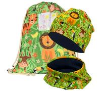 HECKBO Kinder Turnbeutel inkl. Sichtfenster - Dschungel - Sportkleidung Trinkflasche- Kindergarten, Schule, Stoffbeutel Kita (Turnbeutel + Beanie Loop Set (Jersey innen))