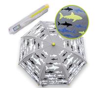 HECKBO Magic Kinder Regenschirm Hai Jungen Mädchen - Farbwechsel bei Regen - Schulranzen Taschenschirm Faltregenschirm 360° Reflektor - Geschenke zur Einschulung - mit Holzgriff & Schutzkappen