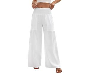 heekpek Leinenhose Damen Sommer Elegante Weite Stoffhose Sommerhosen Leicht Luftig Chinohose Lockere Hose High Waist Strandhose mit Plissee Breitem Bund, Weiß, XXL