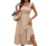 heekpek Sommerkleid Damen Leicht Lang Boho Kleid Musselin Kleid Hoher Taille Midikleid A Linie Rüschenkleid Strandkleid, Apricot, M