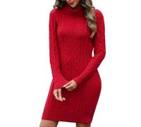heekpek Strickkleid Damen Herbst Winter Rollkragen Pulloverkleid Langarm Strickkleider Elegant Bodycon Kleid Zopfmuster Warme Winterkleider, Burgund, L