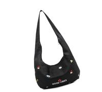 HEEZOU Umhängetasche aus Cord mit Cartoon-Stickerei, lässig, leicht, weich, verstellbar, Schultertaschen für Damen, praktische Umhängetasche aus Cord, Schwarz , One Size