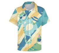 Hehanus Hawaii-Hemden für Herren, lustiger Katzendruck, kurzärmelig, Aloha-Strand-Shirt, süße Katze, Sommerhemd mit Knopfleiste, Weiß 1, L