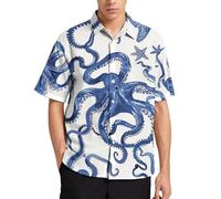 Hehanus Hawaiianischer Stil, Herren-Hemd, Oktopus-Grafikhemd, lässig, traopische Pflanzen, Druck, Sommer, Strandhemd, Blau1, Klein