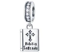 Heiliger Bibel Buch Anhänger Charms graviert Biblia Sagrada mit Kreuz, passt Pandora Weihnachten Armband, 925 Sterling Silber Gebet Bible Cross Perlen, Geschenk für Tochter/Tante Nichte/Cousin