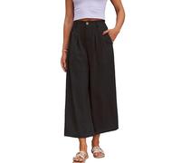 heipeiwa Damen Sommer-Caprihose, Baumwoll-Leinenhose, weites Bein, Palazzo-Culotte-Hose, Leinen, lässiges Kleid, fließende Hose, Palazzo Capri Linen Black, M
