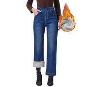 heipeiwa Damen Winter Jeans Pull On Wide Leg Baggy Fleece Gefüttert Jeans Thermo Flanell Gefüttert Jeans, Dunkelblau, M