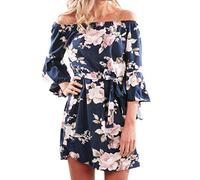 Heiß! Kanpola Damen Kleider Frauen Halbe Hülse Lose Blumendruck Maxikleid Tunika Shirt Bowknot Ärmeln Cocktail Casual Party Kleid, R-Blau