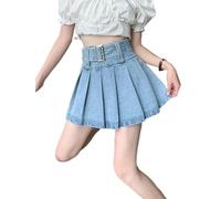 Heiße Mädchen Mini Denim Rock Frauen 2023 Sommer Koreanische Allgleiches Sexy EINE Linie Gürtel Hohe Taille Plissee Jeans Rock weibliche Blau-Blau-L