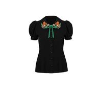 Hell Bunny Chester Bluse - Schwarzes Oberteil mit Puffärmeln und Stickerei im Waldhörnchen-Design, Schwarz, S